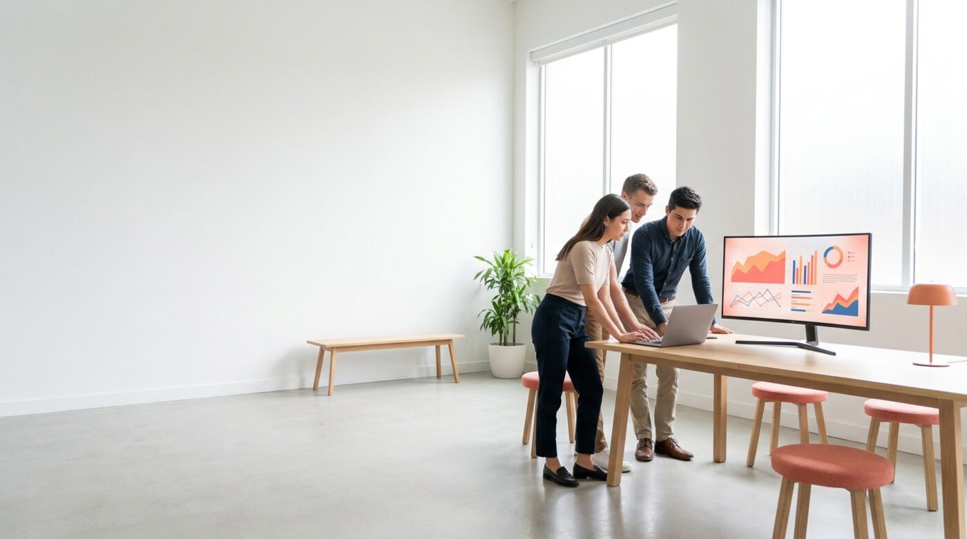 Three interns reviewing a project dashboard with their mentor in a bright studio