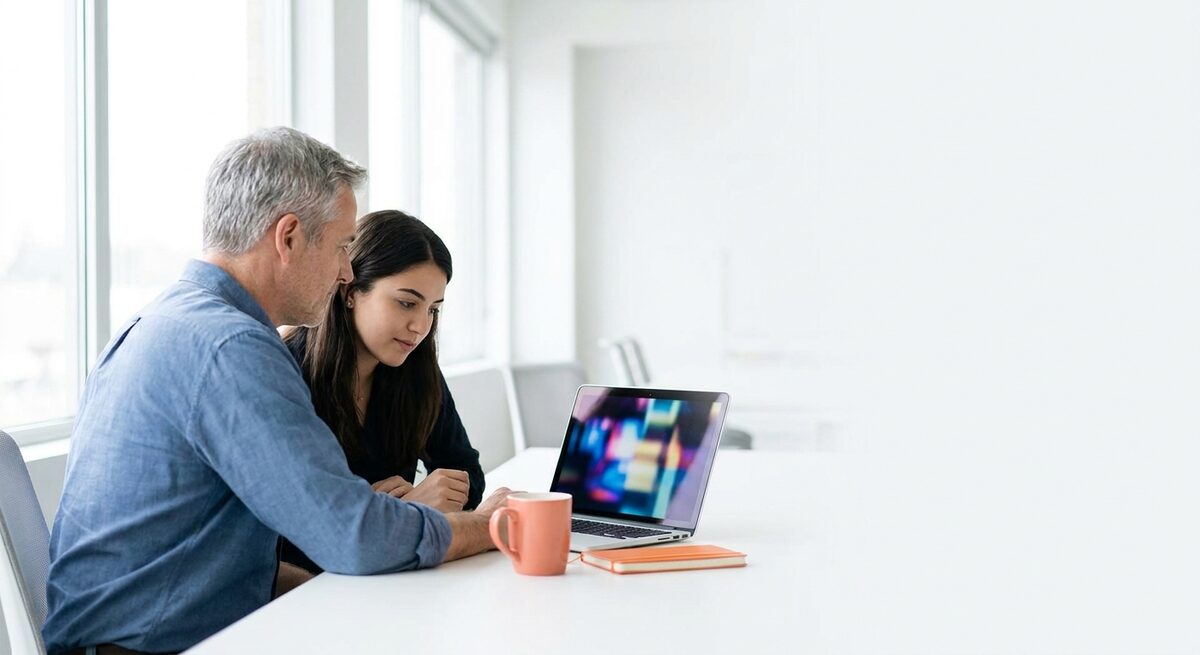 A mentor reviewing an intern's code at a bright desk